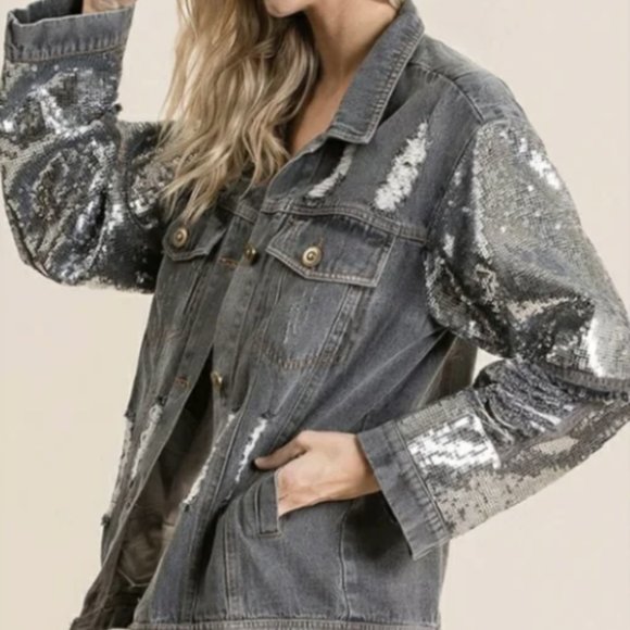 Macaron Distressed Denim Jacket With Sequin Sleeves (Size S) - Picture 3 of 12